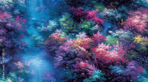  A vibrant forest painting depicts a myriad of plant colors  thriving along the shores of a serene water body