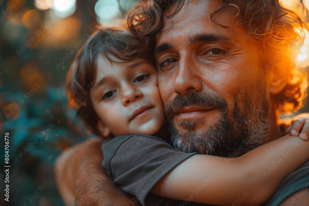 Father, bonding kiss and boy child hug happy. Happiness, laughing and family love of a dad and kid in a park enjoying nature hugging with care and a smile. Happy Fathers Day concept