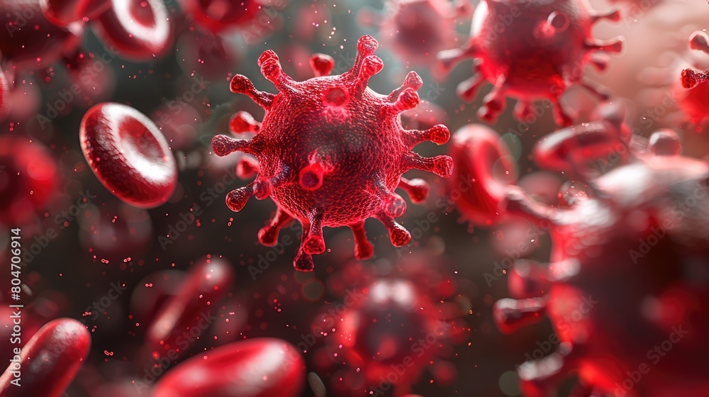 Virus among blood cells under the microscope. Close-up of particles. Medical research and health education