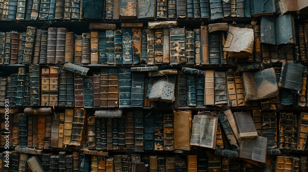 Stacked books fill an old bookcase Stacked books fill an old bookcase
