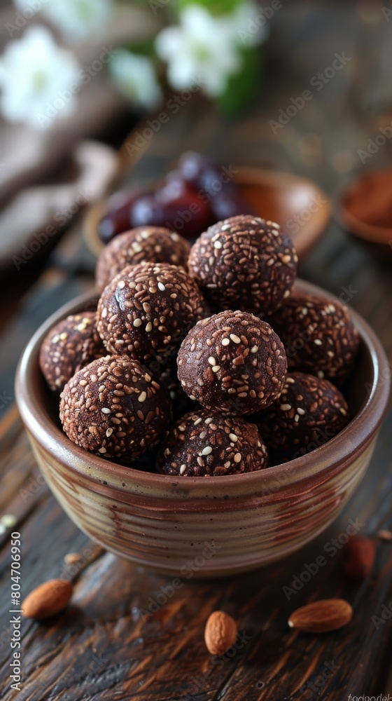 Chocolate Energy Balls in Rustic Bowl Chocolate Energy Balls in Rustic Bowl