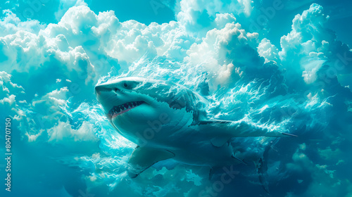Flying great white shark pass through light clouds and blue sky. Surreal concept background.