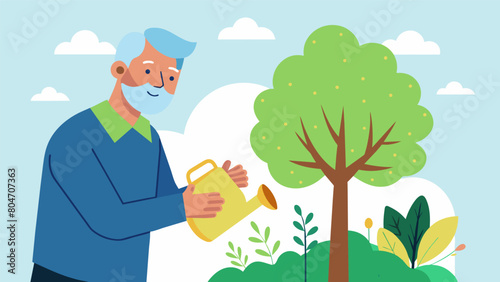 An elderly man with hands weathered from years of hard work gently watering a newly planted tree. His smile and the le in his eye convey his pride in. Vector illustration