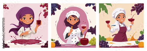 Chef Hijab Beauty Posing with Fresh Fruits Grape Juice Refreshment. Vector Illustration. EPS 10.
