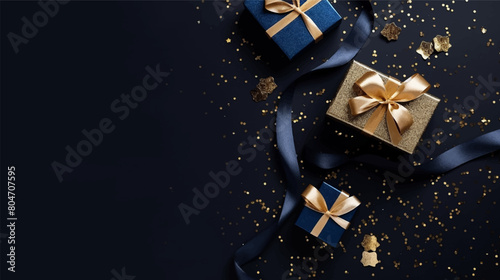 Blue background. Xmas dark blue teal gift box and gold ribbon bow from above for text Merry Christmas, Happy New Year and Black Friday season. Horizontal banner, header for website vector illustration
