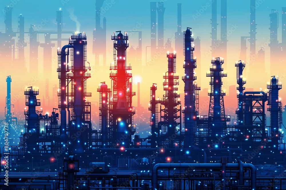 Industrial factories silhouette background Blue oil refinery complex with pipes and tanks gas production rigs with endless steel vector landscape