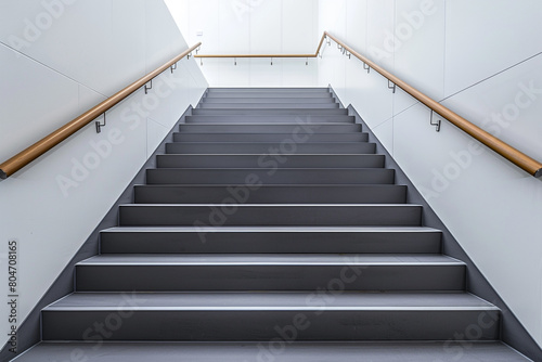 Slate grey stairs with a smooth wooden handrail  sleek and urban home design.