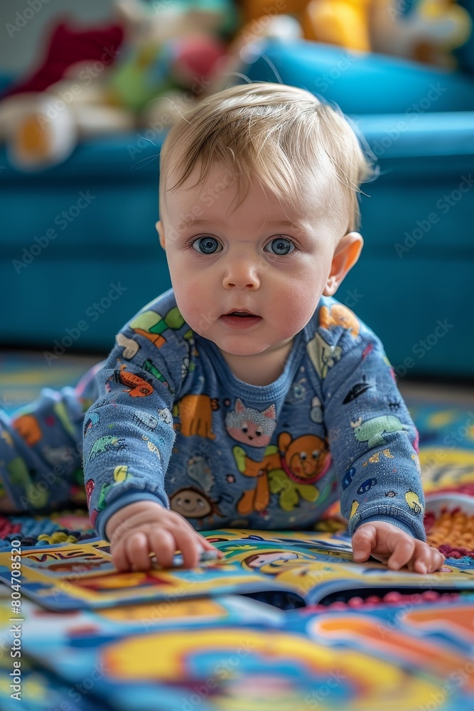 Baby boy in a casual romper, sitting and exploring soft books, nursery room, learning moment, focused Baby boy in a casual romper, sitting and exploring soft books, nursery room, learning moment, focused