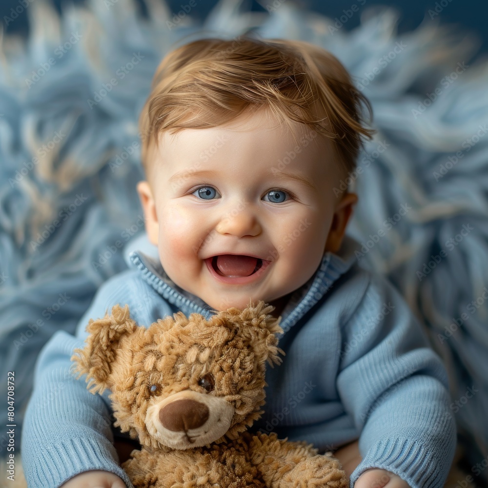 Baby boy laughing with a plush teddy bear, soft blue nursery background Baby boy laughing with a plush teddy bear, soft blue nursery background