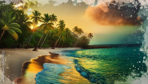 a tropical beach watercolor splatter effect bright colors ai generative