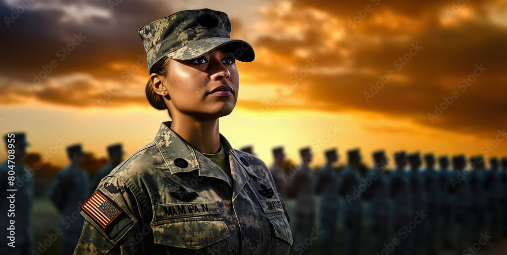 Group of women in military uniforms standing at army ceremony or presentation. One of them in front. Generative AI Group of women in military uniforms standing at army ceremony or presentation. One of them in front. Generative AI