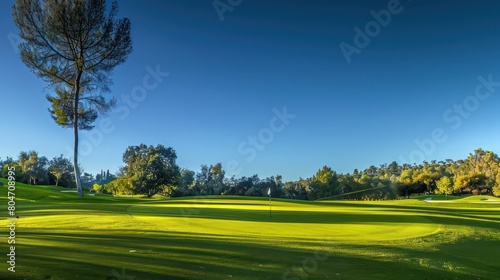 A tranquil early morning on a sprawling green golf course with a single prominent tree against the azure sky photo