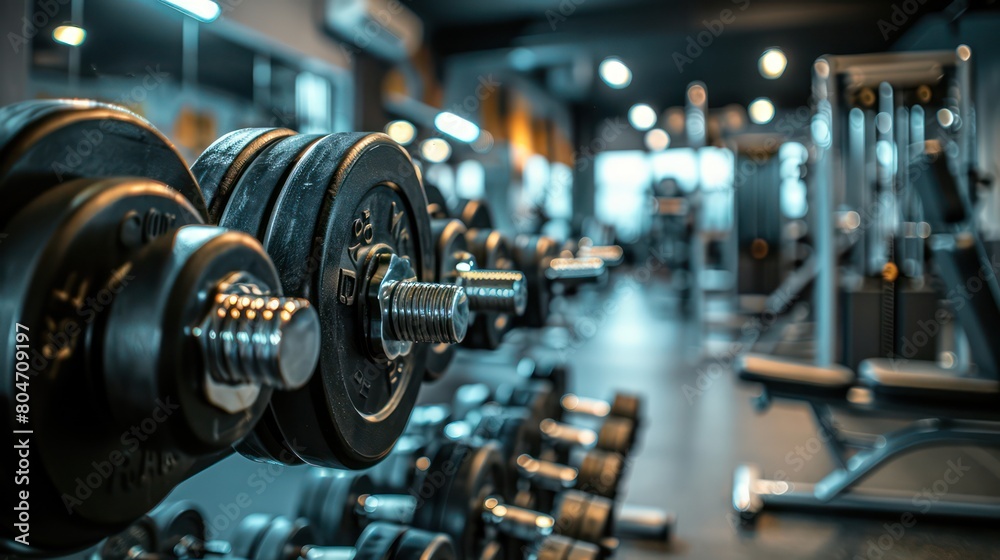 This image showcases a selection of dumbbells in sharp focus, set against a blurred backdrop of a gym environment This image showcases a selection of dumbbells in sharp focus, set against a blurred backdrop of a gym environment