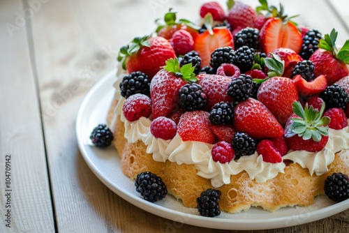 Fluffy Angel cake dessert with berries. Plate with delicious sponge bakery dessert. Generate ai