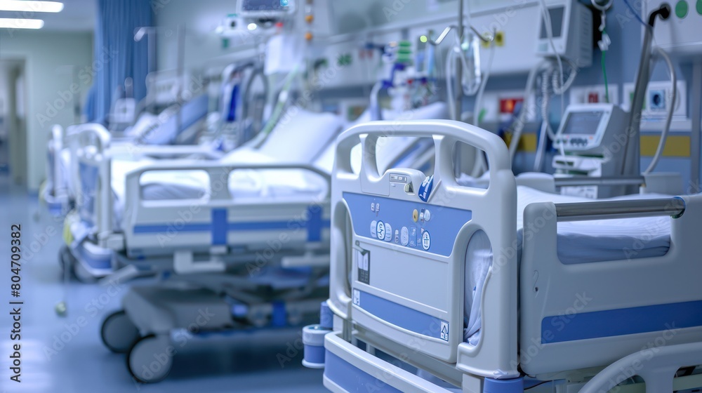 This image portrays an array of empty hospital beds, lined with modern equipment, in a clean and organized hospital ward This image portrays an array of empty hospital beds, lined with modern equipment, in a clean and organized hospital ward