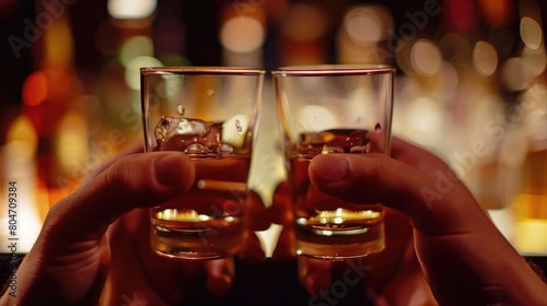 Close-up view of a two hard liquor shots in hands.