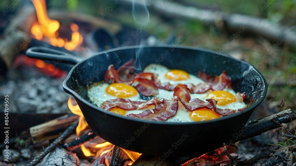 A frying pan with eggs and bacon on a campfire in the foreground, surrounded by trees and the campfire in the background A frying pan with eggs and bacon on a campfire in the foreground, surrounded by trees and the campfire in the background