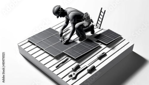 Monochrome Illustration of a Worker Installing Solar Panels