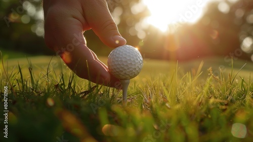 Closeup a hand putting white golf ball on tee at golf course in the morning day. Generated AI image