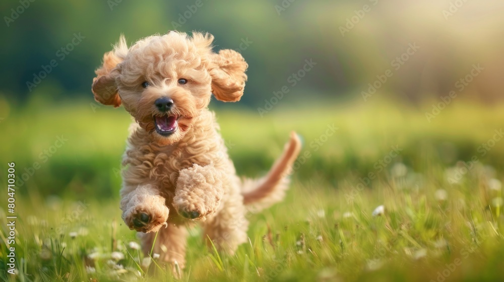 Portrait a happy little puppy dog animal running in green meadow. Generated AI image