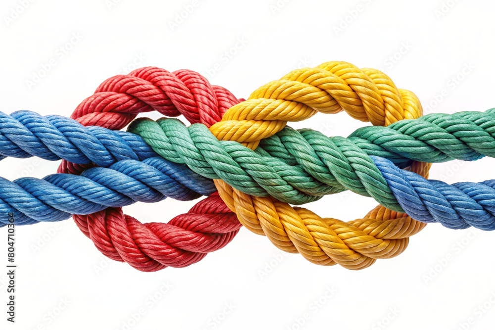 A symbol of unity, diversity and teamwork. Bright colorful ropes neatly woven together in a beautiful weave on a white background. A symbol of unity, diversity and teamwork. Bright colorful ropes neatly woven together in a beautiful weave on a white background.