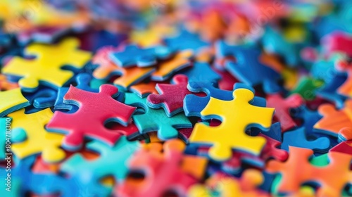 Colorful jigsaw puzzle pieces scattered on a flat surface. Autistic Pride Day