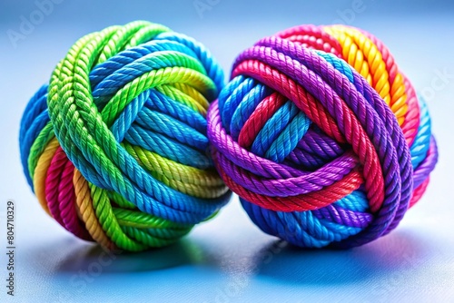 two bright balls of multi-colored rope on a pale blue background,symbol of unity, diversity and teamwork.