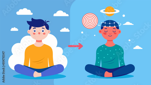 A before and after illustration of a persons mental state with the before showing a chaotic mind and the after showing a calm and serene mind after. Vector illustration