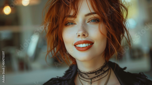 Portrait of a redhead woman in fashionable clothing. Fashion beauty style shoot. Red lipstick and punky, goth style. © steve
