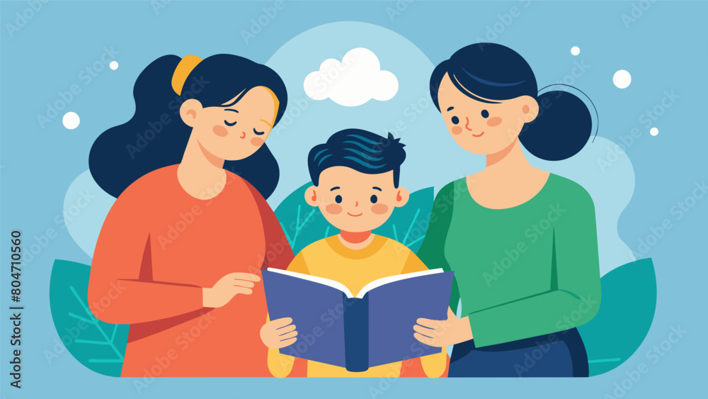 A family taking turns reading a book aloud with the neurodivergent member using visual aids to help them understand and follow along.. Vector illustration A family taking turns reading a book aloud with the neurodivergent member using visual aids to help them understand and follow along.. Vector illustration