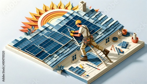Vibrant 3D Illustration of Worker Installing Solar Panels on a House Roof