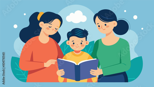 A family taking turns reading a book aloud with the neurodivergent member using visual aids to help them understand and follow along.. Vector illustration
