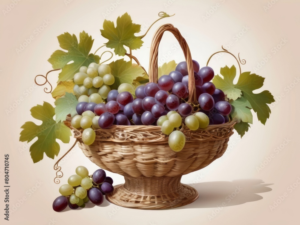 A basket full of ripe grapes with green leaves, isolated on white background Harvest season. Healthy organic food, agriculture concept.