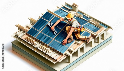 Detailed 3D Illustration of a Technician Installing Solar Panels on a Building