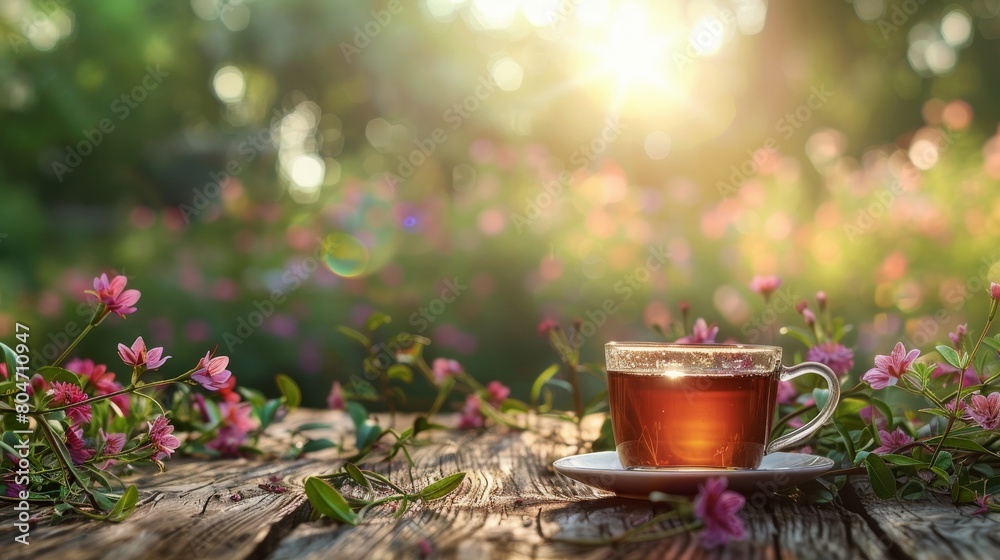 A Cup of Tea Surrounded by Daisies and Leaves A Cup of Tea Surrounded by Daisies and Leaves