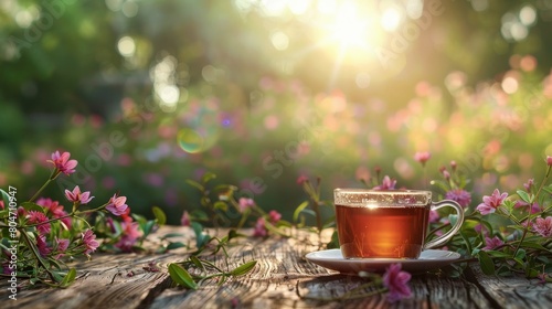 A Cup of Tea Surrounded by Daisies and Leaves