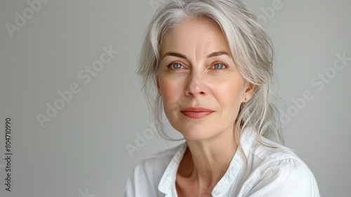 Closeup portrait beautiful mid aged mature woman on white background. Generated AI image