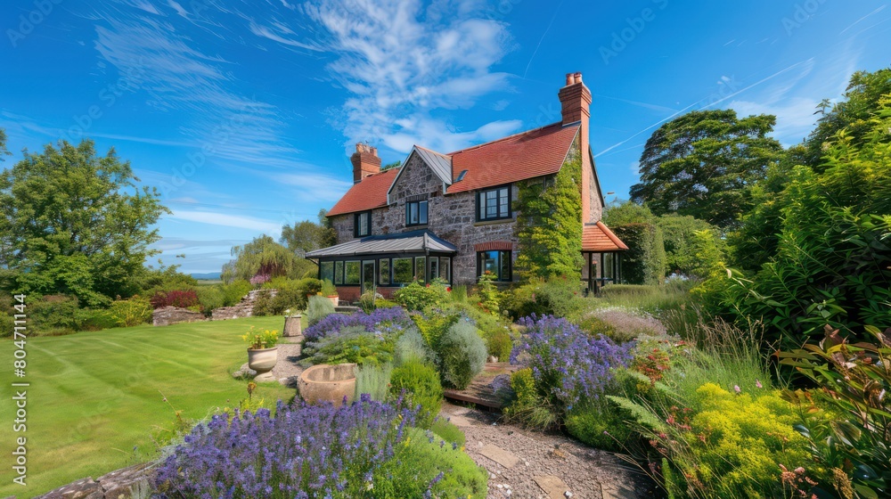 Obraz premium A classic English house with a vibrant garden full of purple flowers and lush greenery during a sunny day