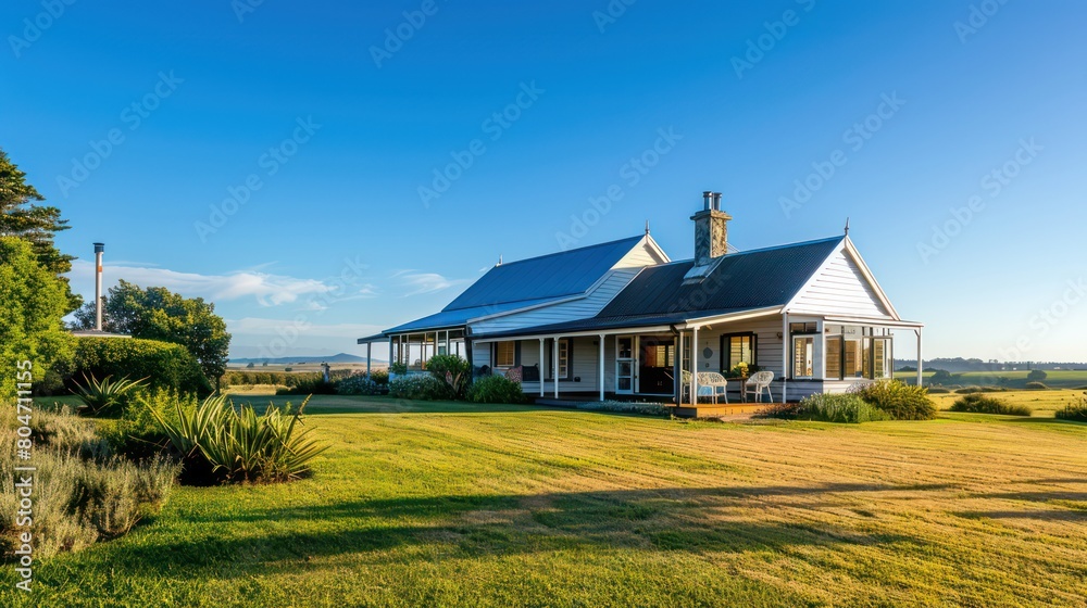 Charming white house set against a clear blue sky with a beautiful green lawn and countryside backdrop Charming white house set against a clear blue sky with a beautiful green lawn and countryside backdrop
