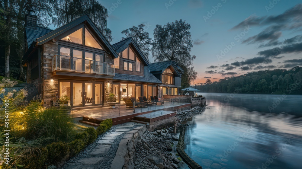 Fototapeta premium An elegant and modern waterfront property captured at twilight, showcasing its stylish architecture and beautiful setting