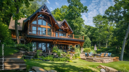 Fototapeta Naklejka Na Ścianę i Meble -  A majestic lakefront house with impressive wooden architecture and lush green landscape complementing the serene lake