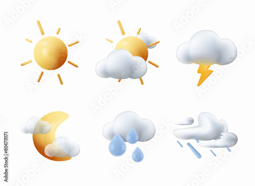 Different Weather Icons 3D. Vector dark clouds with snow, rain, lightning and sun. Thunderstorm clouds. Temperature, weather condition user interface UI icons. Clouds, wind symbol, raindrops