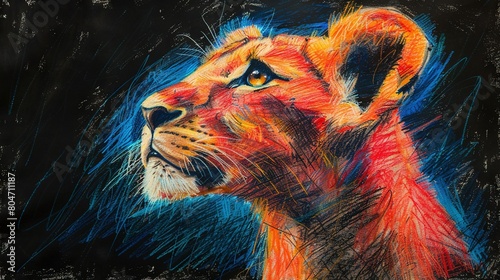   A lion's face in shades of gray and yellow, drawn on a dark background with colored pencils and pastels © Olga