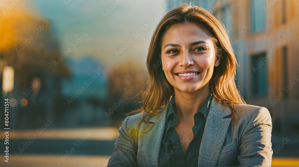 Young happy pretty smiling professional business woman, positive female entrepreneur standing outdoor on street arms crossed, looking at camera, Corporate website header with copy space, Generative AI
