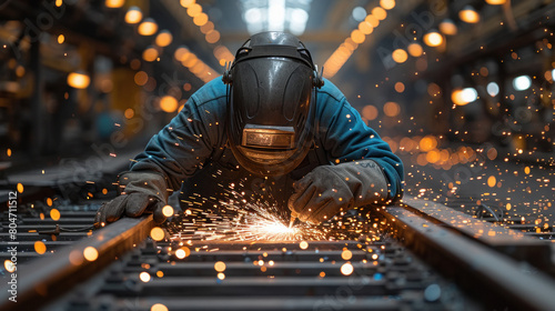 Man wearing safety helmet while welding in the factory photo