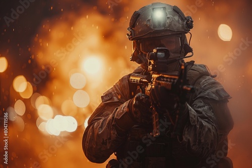 A dramatic image of a soldier in full combat gear with a bright, explosive backdrop accentuating the action