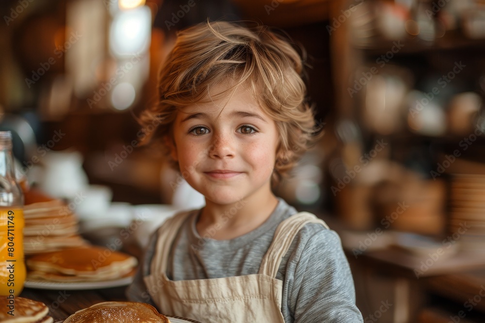 Joyful child in an apron presenting freshly cooked pancakes in a kitchen, looking proud Joyful child in an apron presenting freshly cooked pancakes in a kitchen, looking proud