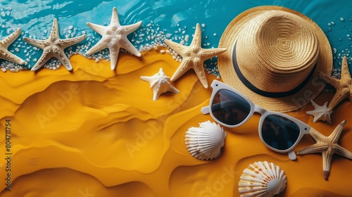 Hat, Sunglasses, and Palm Leaves on Blue and Pink Background