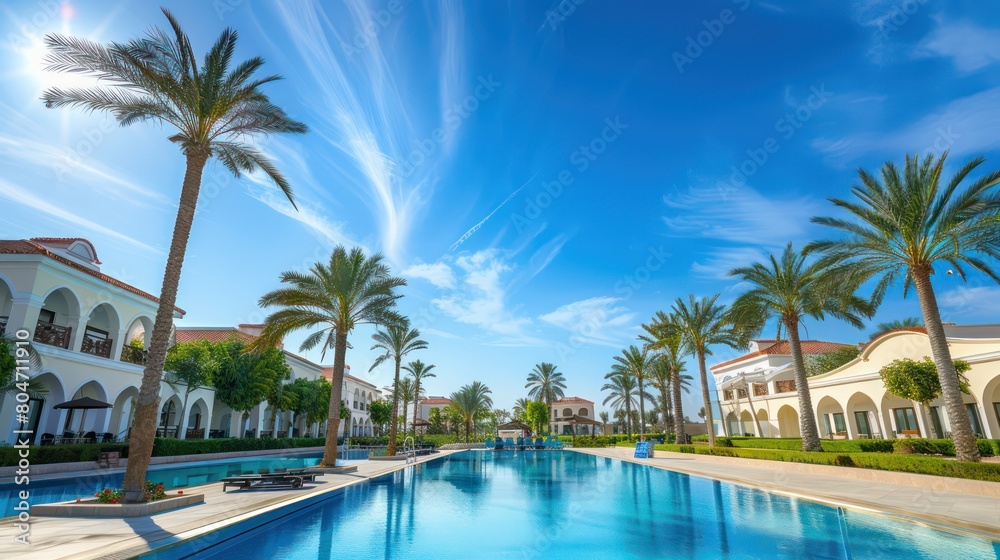 A bright and sunny day at a Mediterranean-style resort featuring clear blue pools and palm trees against a vibrant blue sky A bright and sunny day at a Mediterranean-style resort featuring clear blue pools and palm trees against a vibrant blue sky