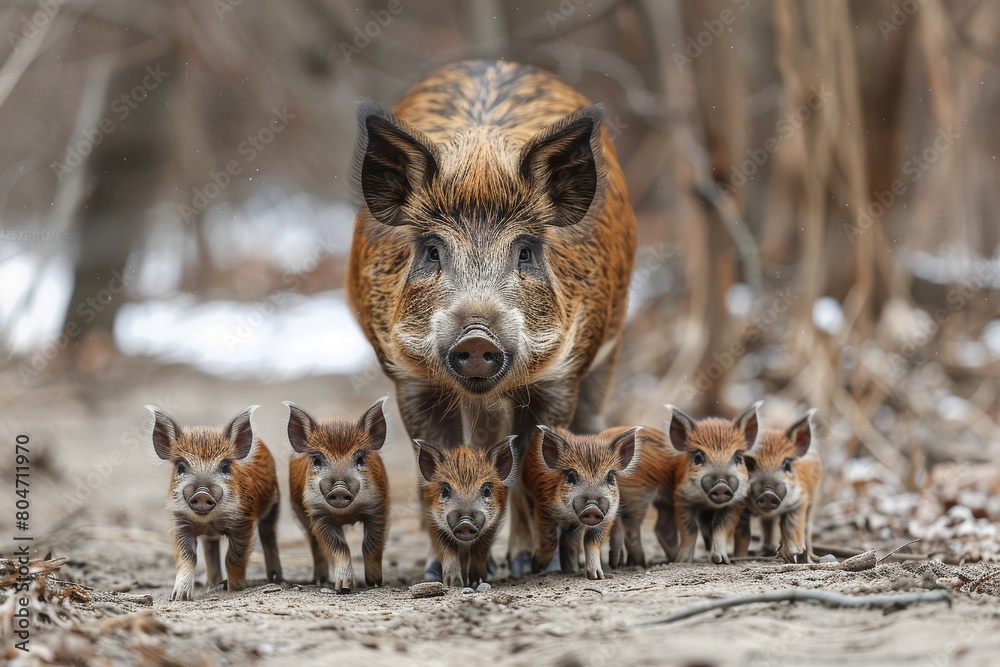 A mother boar is captured leading her adorable striped young through a rural, dry underbrush environment A mother boar is captured leading her adorable striped young through a rural, dry underbrush environment